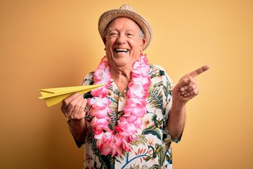 Grey haired senior man wearing summer hat and hawaiian lei holding paper plane on vacation very happy pointing with hand and finger to the side
