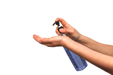 Fototapeta premium Young women use hand sanitizer to kill germs. Isolated on white background