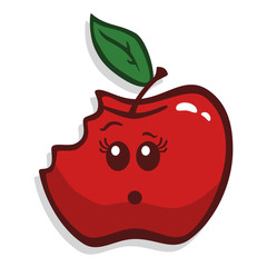 Red bitten apple with a funny face with a small leaf. Drawn in a cute style and isolated on white. Can represent healthy eating, dentistry, children lunches, vitamins, veganism and agriculture.