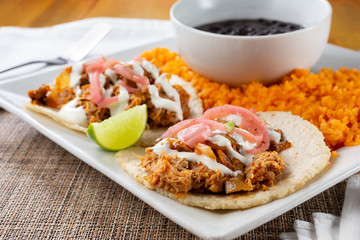 A closeup view of chicken tinga tacos, in a restaurant or kitchen setting.