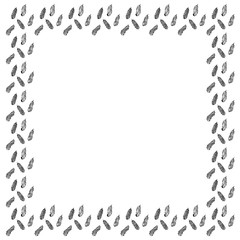 A square frame of black bird feathers decorated with beads, dots and stripes hand-drawn in zentangle style flying in the wind on a white background. Monochrome template with place for text. Vector.
