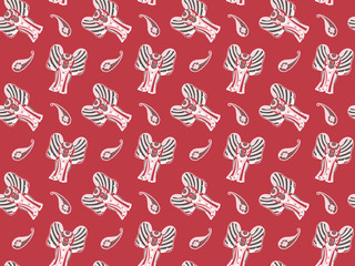 Seamless pattern of hand-drawn Indian elephants and paisley with flowers and stripes inside in soft pink and khaki colors on a trendy bright red background. Fashionable oriental texture. Vector.
