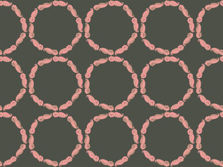 A seamless pattern of abstract hand-drawn open flower buds with stripes, loops and leaves folded in round wreaths in soft pink colors on a khaki background. Vector.