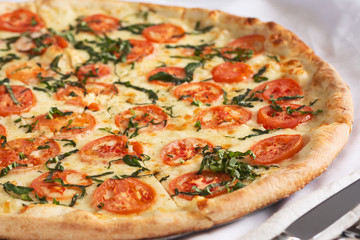 A view of a margherita pizza pie, in a restaurant or kitchen setting.