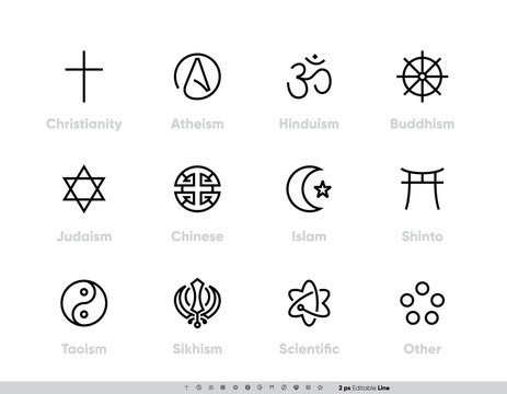 Religious Tradition Symbols set. Christianity, Atheism, Hinduism, Buddhism, Judaism, Chinese, Islam, Shinto, Taoism, Sikhism, Scientific and other. Editable Line Stroke. One Style Vector