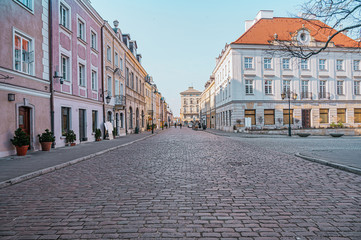 Street in the old town of Warsaw. Street without people with colorful buildings of the old town