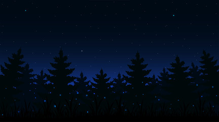 Night forest background with fireflies of dimly lit.
