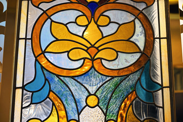 Close-up of stained glass in the church window