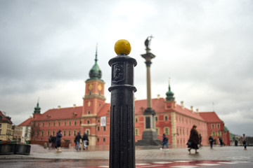 Fototapeta na wymiar Street pole with Royal Castle of Warsaw in a background.