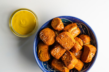 Soft pretzel nuggets with mustard