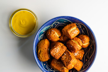 Soft pretzel nuggets with mustard