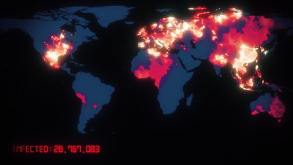 Coronavirus COVID-19 pandemic world map with orange pinpoints of infected cities with health statistics on dark mainlands. Epidemic concept 3d rendering animated background in 4K video.