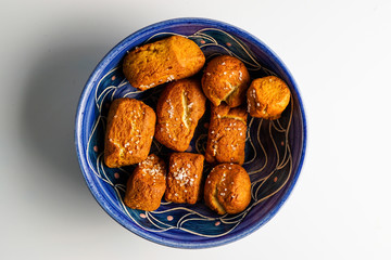 Pretzel nuggets in a blue bowl