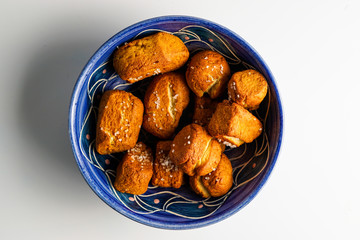 Pretzel nuggets in a blue bowl