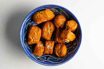 Pretzel nuggets in a blue bowl
