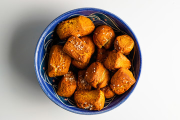 Pretzel nuggets in a blue bowl