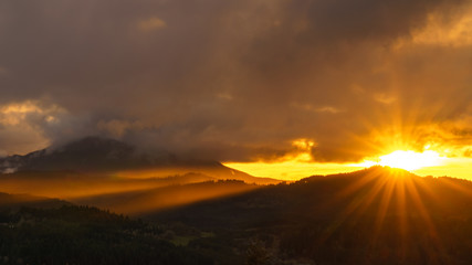 Sunset over the Oregon Coast range as seen from Fitton Green Natural Area in Benton County, Oregon.
