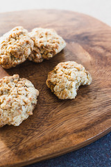 plant-based food, veganconcept, vegan anzac cookies dry biscuits with almonds and oats