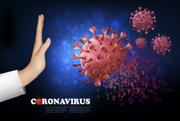 Coranavirus pandemic background. Hand destroying virus COVID - 19 molecules. Vector illustration