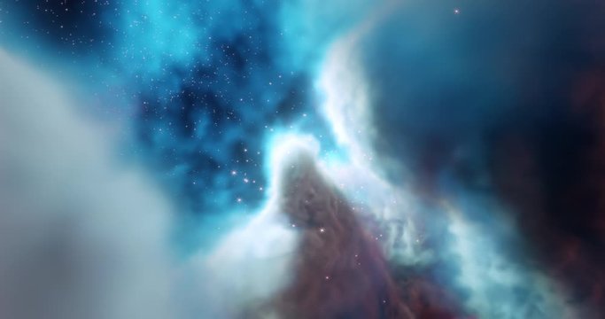 Flying through Nebula, stars in the gas cloud. Traveling through Gas Cloud Deep Space star fields, supernova bursts, stellar system. Space cinematic background for title, logos. 3D render