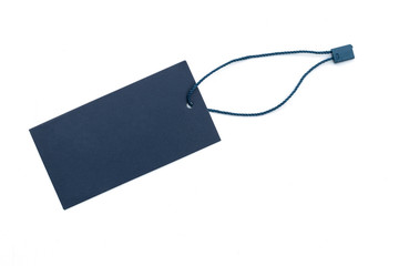 Navy blue price tag on white background.
