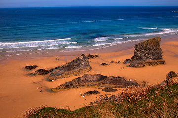 Bedruthan Steps (England), UK - August 13, 2015: Bedruthan Steps beach and coast, Cornwall, United Kingdom.