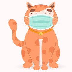 Cute Orange cats wearing medical mask because protect of Coronavirus COVID-2019 or air pollution or virus epidemic. Vector flat cartoon illustration.