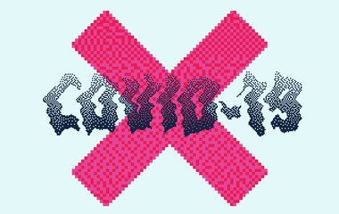 Dangerous virus Covid-19 or Coronavirus disease concept. Vector illustration in pixel art style with composition of inscription and cross.