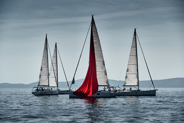 The race of sailboats, a regatta, reflection of sails on water, Intense competition, number of boat is on aft boats, bright colors, island with windmills are on background