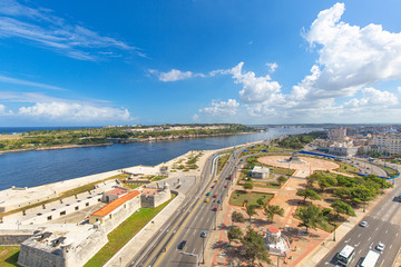 Panoramic aerial view of an Old Havana, Old Havana streets and Havana Bay in historic city center (Havana Vieja) near Paseo El Prado and Malecon