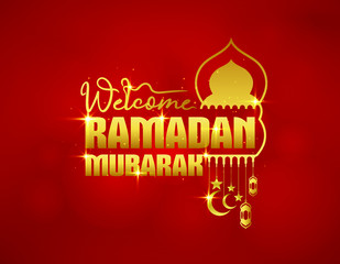 Welcome Ramadan Mubarak greeting card, poster and banner. Elegant Golden creative Islamic decoration on red background. Illustration of a mosque decorated with stars, crescent moons and arabic lantern