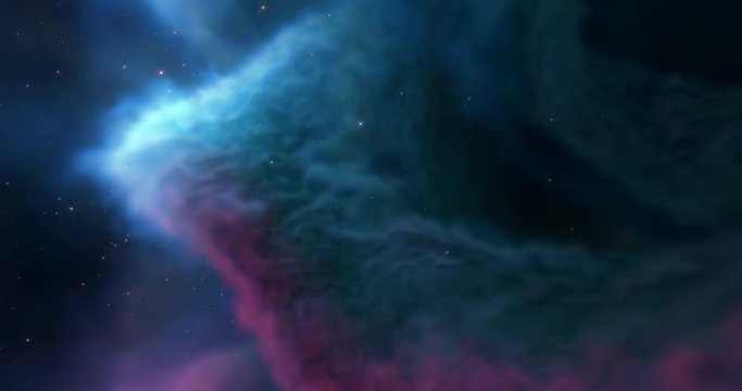 Flying through Nebula, stars in the gas cloud. Traveling through Gas Cloud Deep Space star fields, supernova bursts, stellar system. Space cinematic background for title, logos. 3D render