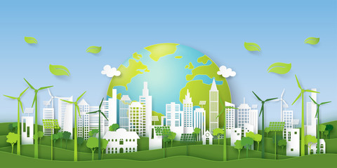 Green eco city on natural background.Ecology and environment conservation resource sustainable concept.Vector illustration. © Man As Thep