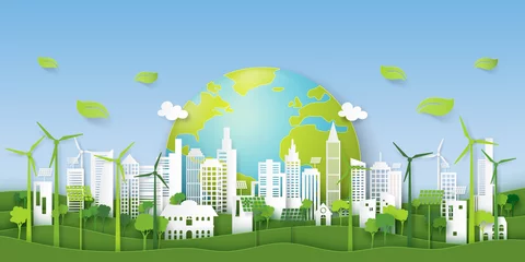 Poster Green eco city on natural background.Ecology and environment conservation resource sustainable concept.Vector illustration. © Man As Thep