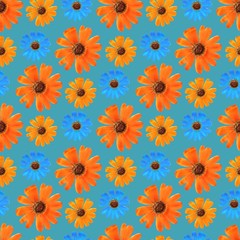 Marigold, calendula. Illustration, texture of flowers. Seamless pattern for continuous replication. Floral background, photo collage for textile, cotton fabric. For use in wallpaper, covers.