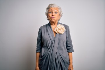 Senior beautiful grey-haired woman wearing casual dress standing over white background puffing cheeks with funny face. Mouth inflated with air, crazy expression.