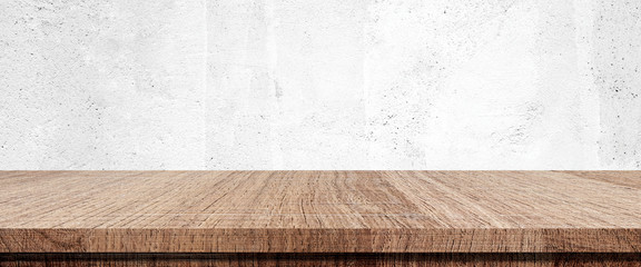 Wood table and white wall background in kitchen, Wooden shelf, counter for food and product display in room background, Wood table top, desk surface banner, mockup, template - obrazy, fototapety, plakaty