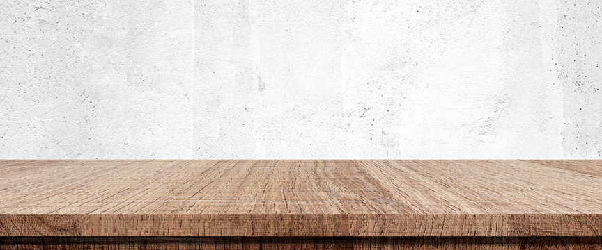 Wood Table And White Wall Background In Kitchen, Wooden Shelf, Counter For Food And Product Display In Room Background, Wood Table Top, Desk Surface Banner, Mockup, Template