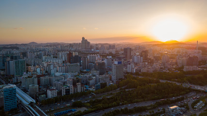Aerial view Sunset of Seoul City Skyline,South Korea.