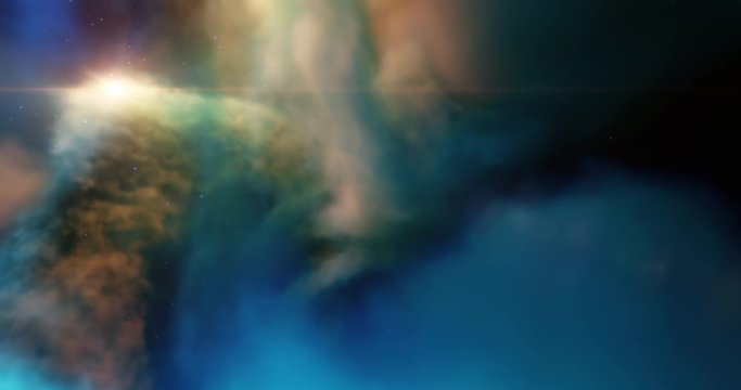 Flying through Nebula, stars in the gas cloud. Traveling through Gas Cloud Deep Space star fields, supernova bursts, stellar system. Space cinematic background for title, logos. 3D render
