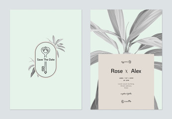 Foliage wedding invitation card template design, black and white Cordyline fruticosa Firebrand plant on bright blue