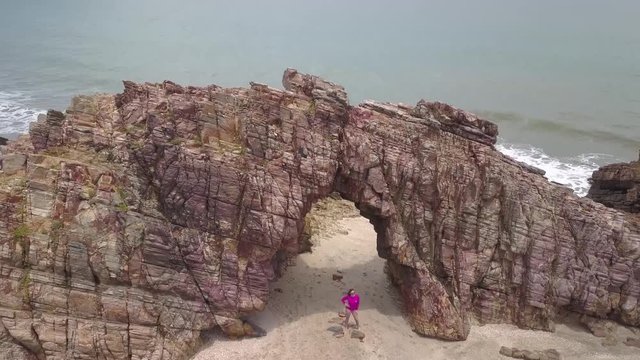 Aerial Image of Pedra Furada (holed stone) tourist attraction of Jericoacoara, Ceara, Brazil
