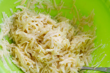 cooking dough from sliced potatoes for potato pancakes