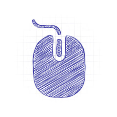 computer mouse icon. Hand drawn sketched picture with scribble fill. Blue ink. Doodle on white background