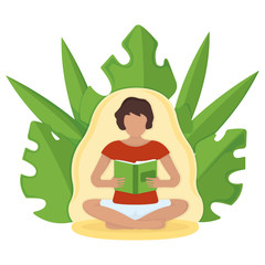Woman character sitting kneeling and read book, textbook, journal arms leaf background, isolated on white, flat vector illustration.