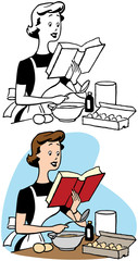 A cartoon of a woman reading a recipe book while baking in her kitchen. 