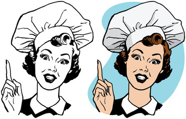 A cartoon of a smiling woman wearing a chef's hat. 