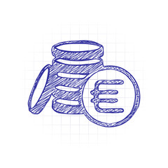 money coins euro icon. Hand drawn sketched picture with scribble fill. Blue ink. Doodle on white background