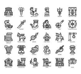 Set of ancient greece thin line and pixel perfect icons for any web and app project.