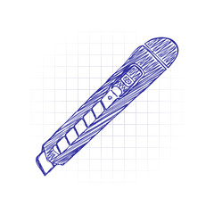 Paper cutter icon. Hand drawn sketched picture with scribble fill. Blue ink. Doodle on white background